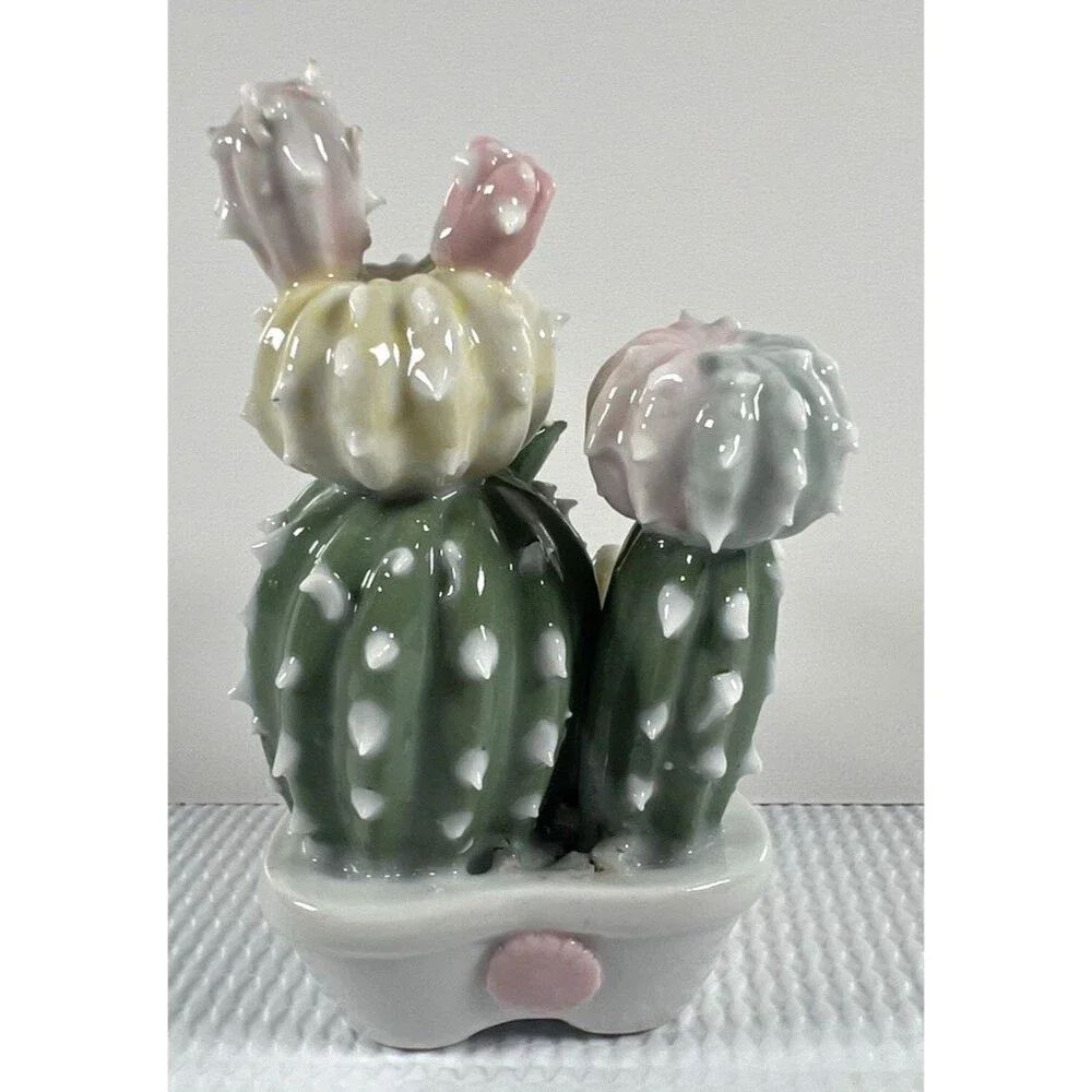 Vintage Porcelain Catus Garden Figurine-Blooming cacti with pink & white flowers